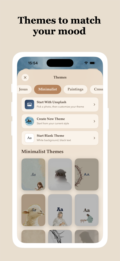 MySavior: Bible Widgets - Una pantalla móvil que muestra varios diseños de temas minimalistas y opciones de personalización para widgets religiosos en la aplicación MySavior