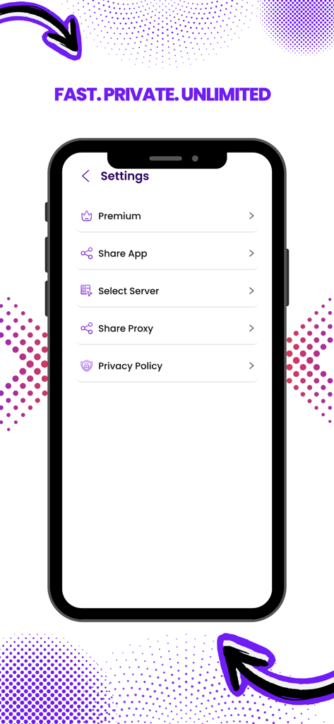 Ana VPN - Menú de configuración de la aplicación Ana VPN que muestra opciones premium y selección de servidor
