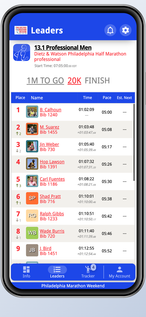 Leaderboard screen in the Philadelphia Marathon Weekend app showing real time race rankings for professional runners