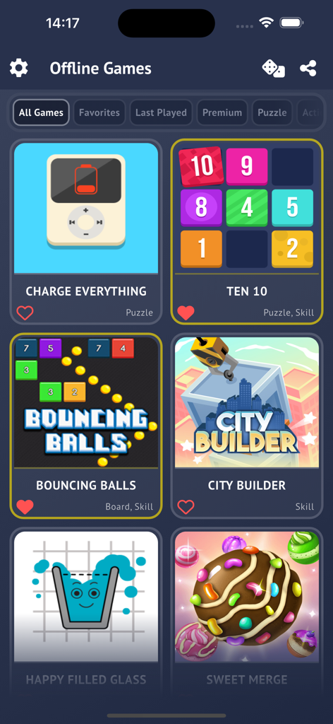 Interfaz de la aplicación Juegos sin conexión mostrando una biblioteca de varios minijuegos de puzzles y habilidad