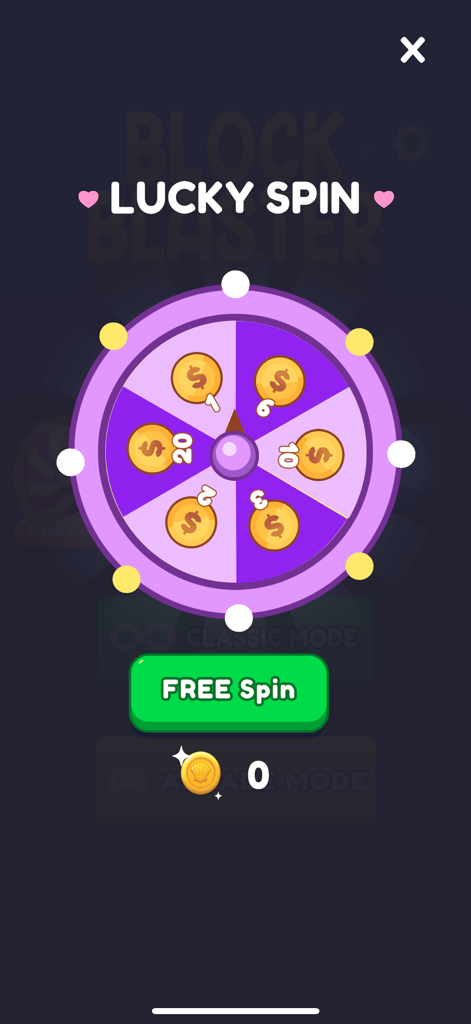 Block Blast - Puzzle Master - A lucky spin mini-game wheel in Block Blast Puzzle Master showing coin rewards and a free spin button