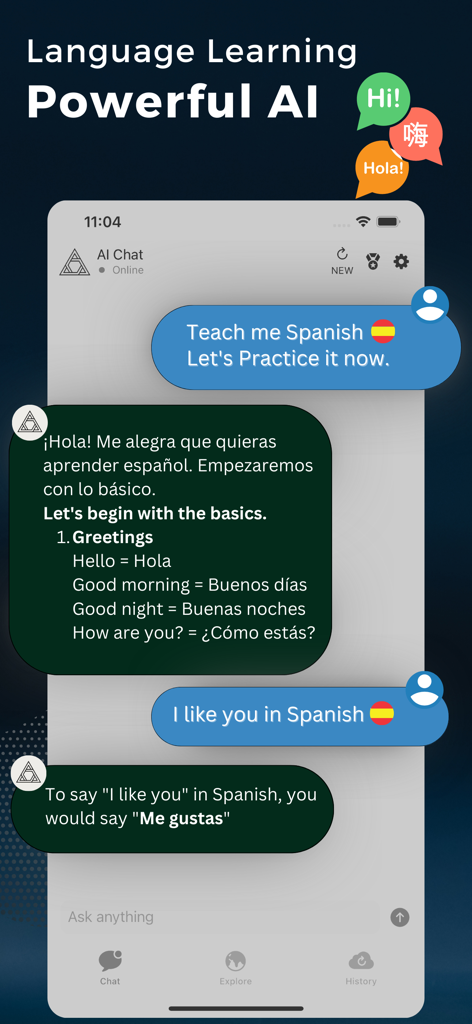 AI Chatbot: SmartAI Assistant - The AI Chatbot interface showing a Spanish language learning session with basic greetings and phrases.