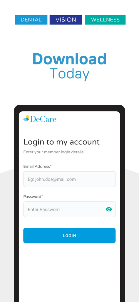 DeCare - DeCare mobile app login screen for dental and vision insurance