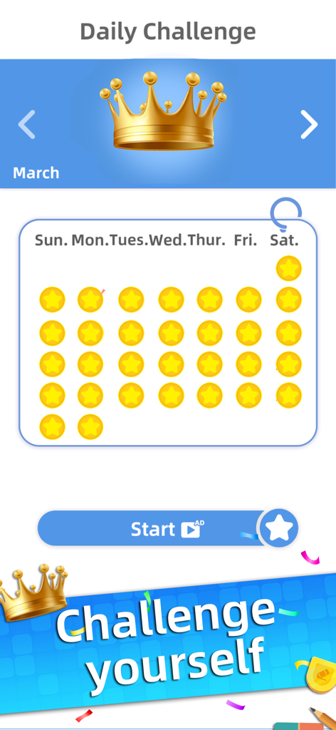 Sudoku - Aged Studio - Calendario de desafío diario de juego de Sudoku que muestra el progreso mensual con estrellas y una corona de trofeo.