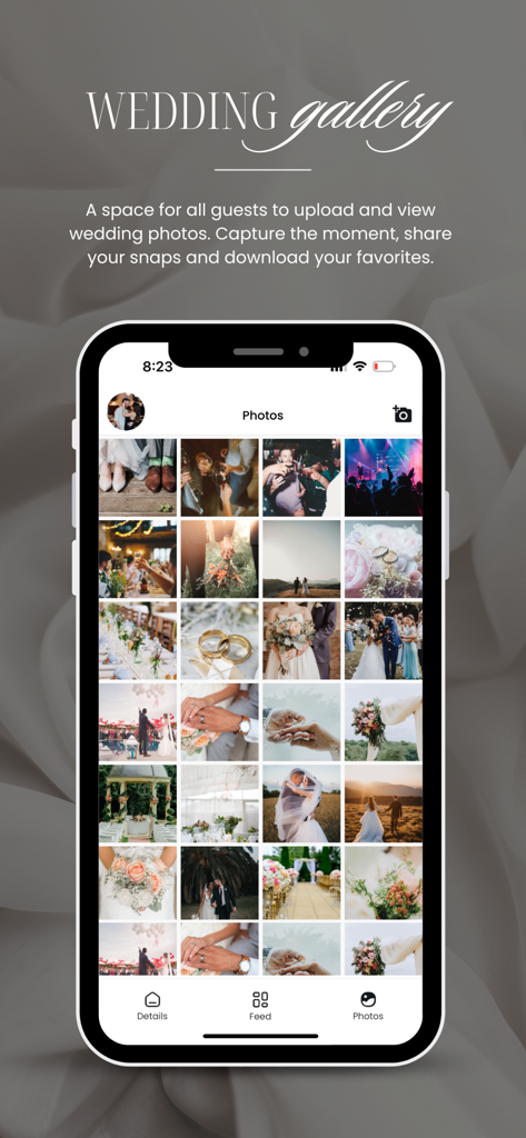 Guestlist Wedding App - Interface of the Guestlist wedding app showing a shared photo gallery grid where guests can upload and view photos.