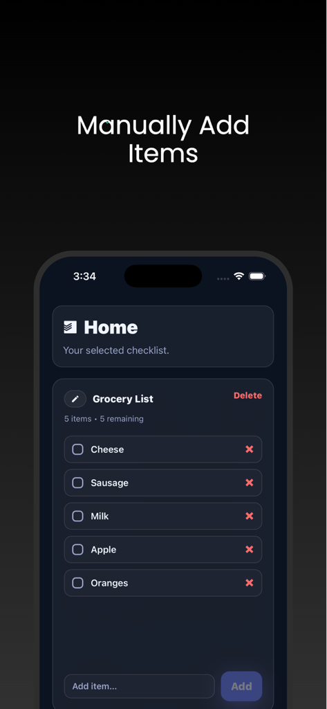 Simple AI Checklist ToDo List - Simple AI Checklist app interface showing a grocery list with manual entry options