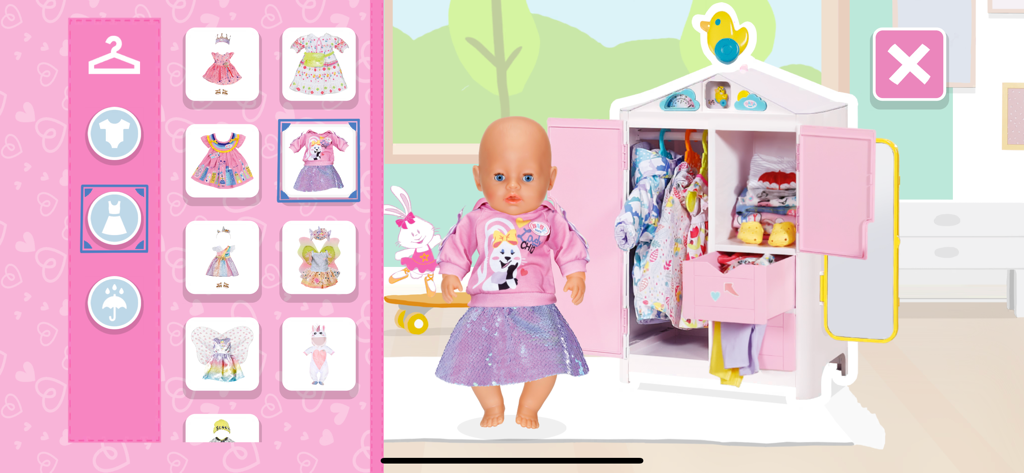 BABY born® - A BABY born doll standing in front of an open wardrobe with various outfit choices displayed on the side menu.