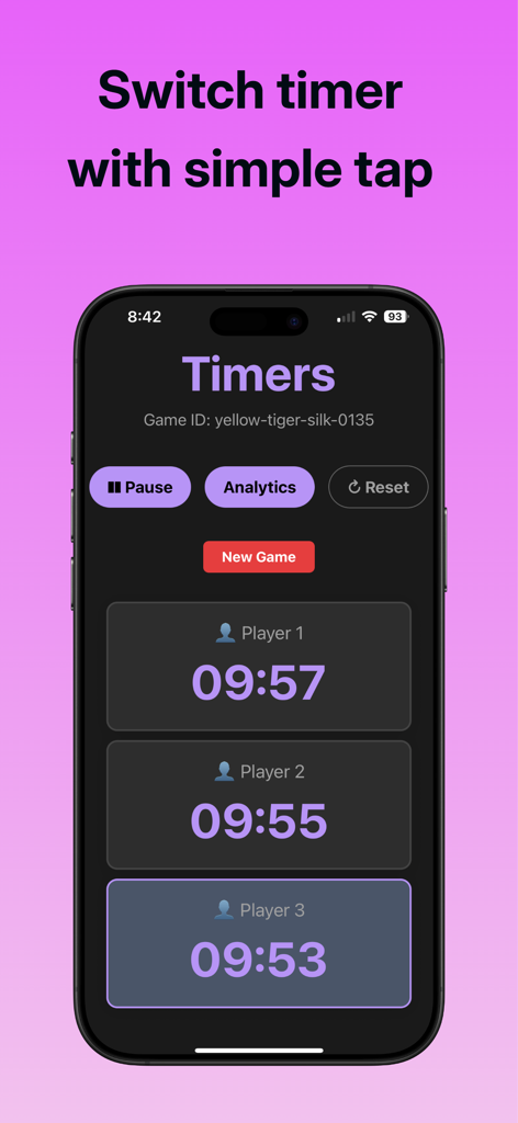 Tap Turn - Game Timer - Interfaz de la aplicación Tap Turn mostrando tres temporizadores de cuenta regresiva activos para jugadores con botones de pausa y análisis