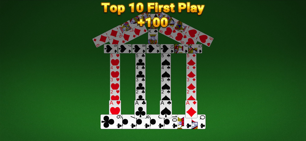 A winning animation in Classic Solitaire Netflix showing cards arranged in a temple shape with a high score bonus
