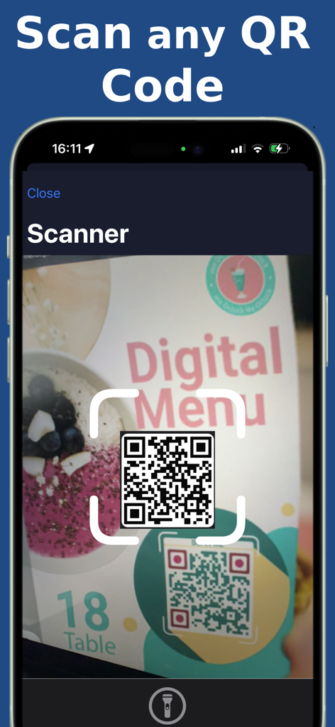 Easy QR Pro : QR Scanner - La aplicación Easy QR Pro escaneando un código QR en el menú de un restaurante
