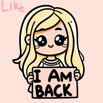 a girl holding a sign saying i am back
