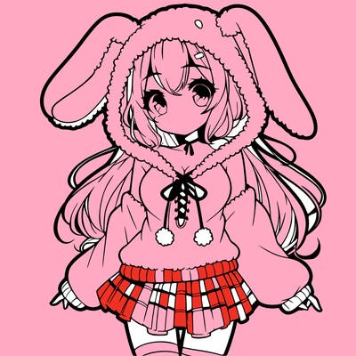 pretty anime girl wearing a fluffy hoodie with bunny ears on the hood and a skirt