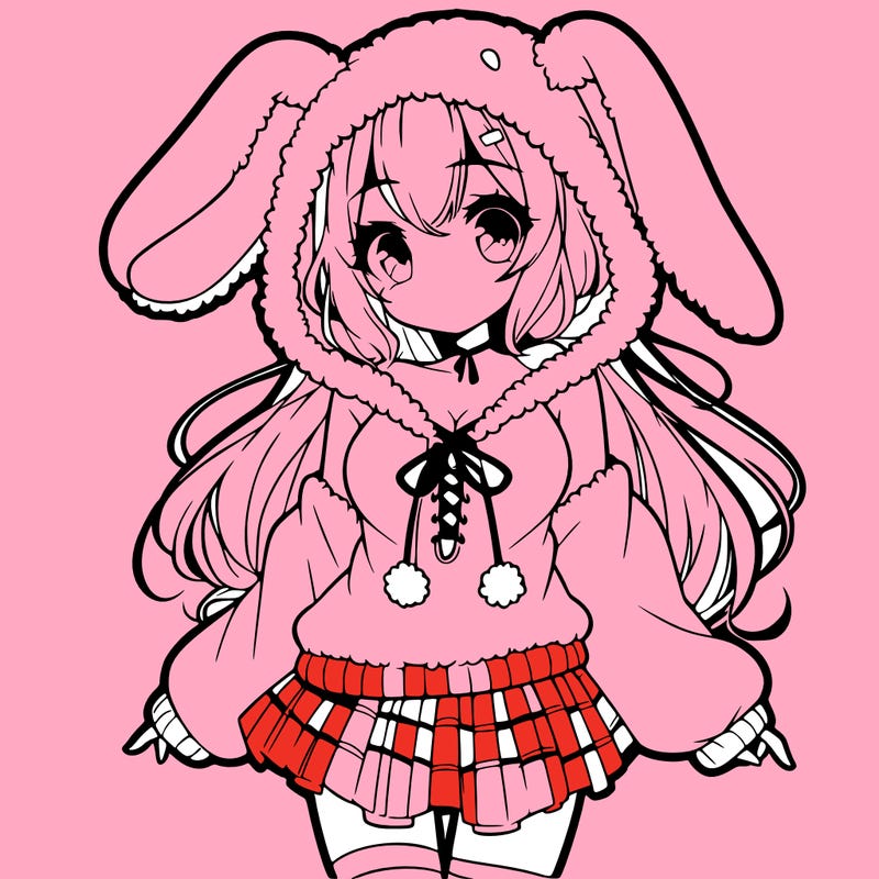 pretty anime girl wearing a fluffy hoodie with bunny ears on the hood and a skirt