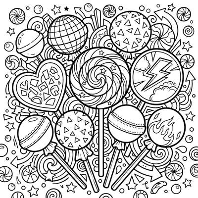 Unleash your creativity with this super sweet lollipop coloring page, specially crafted for teens who love intricate designs. Explore a vibrant candy world filled with unique lollipops and detailed background patterns.