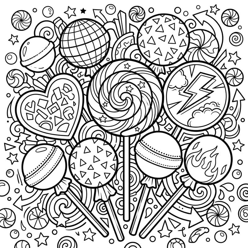 Unleash your creativity with this super sweet lollipop coloring page, specially crafted for teens who love intricate designs. Explore a vibrant candy world filled with unique lollipops and detailed background patterns.