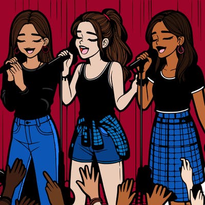 2 realistic teenage girls singing on stage