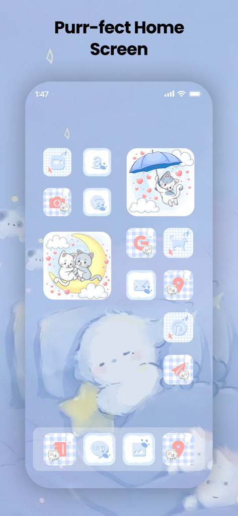 Themely - Themes, Widget, Icon - Pantalla de inicio de iPhone estética con un lindo tema de gato con iconos y widgets en azul pastel.