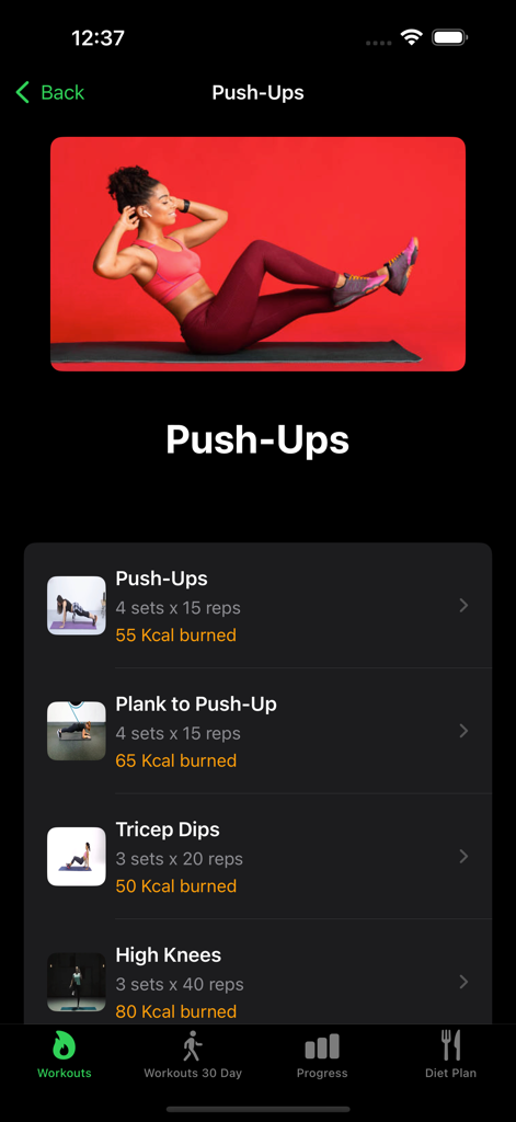 Lose Belly Fat: Women Fitness - Una lista de ejercicios de peso corporal para mujeres en la aplicación de fitness Pierde Grasa Abdominal que incluye series, repeticiones y calorías quemadas.