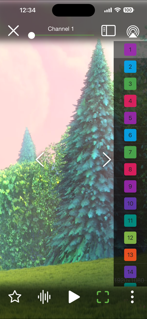 Flex IPTV app video player interface with a numbered channel list sidebar and playback controls