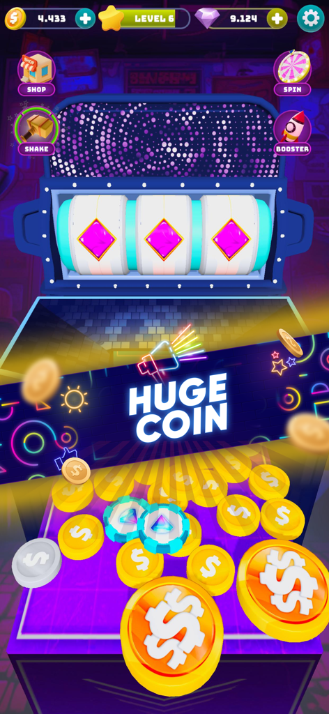 Pusher Master - Coin Fest - Pantalla del juego Pusher Master Coin Fest con una victoria en la máquina tragamonedas y monedas de oro cayendo en cascada en un tablero de neón