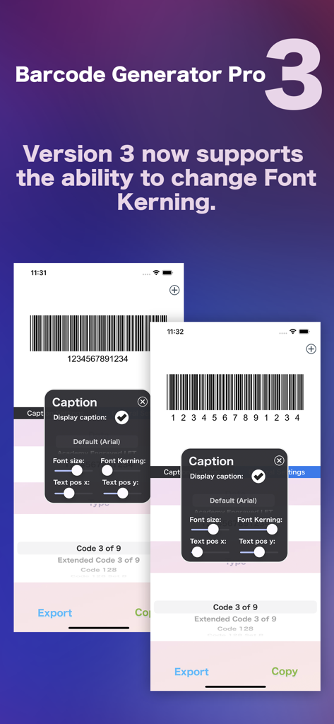 Barcode Generator Pro 3のインターフェース。プロフェッショナルラベル用のフォントカーニングおよびキャプション設定が表示されています。