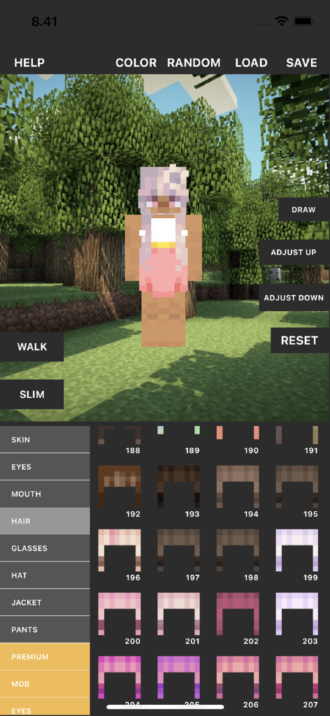 Custom Skin Creator - Interfaz del Creador de Skins Personalizadas para Minecraft con vista previa de personaje 3D y un menú para elegir estilos de cabello estéticos.