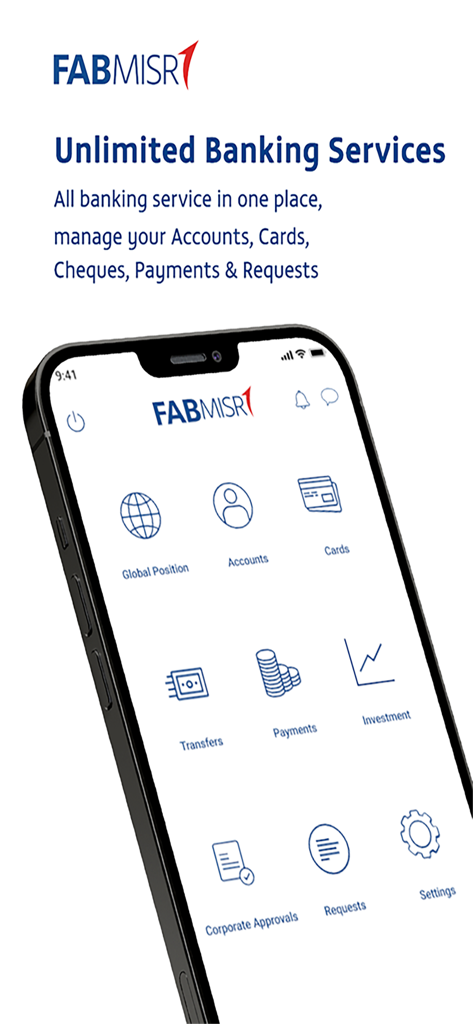 FABMISR Mobile - FABMISR Mobile app home screen showing banking services like accounts cards and transfers