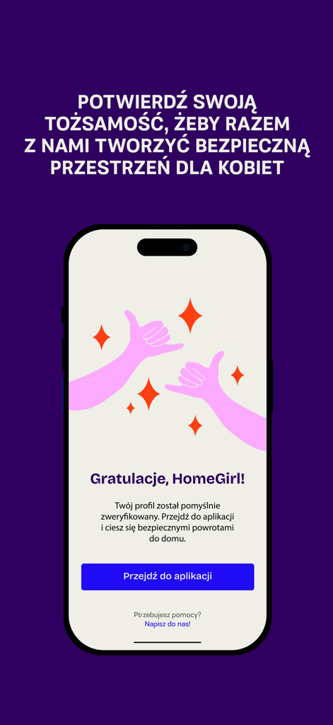 Success screen of the HomeGirl app confirming a verified profile for a safer community for women.