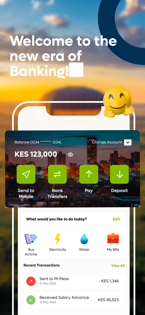 Interfaz de la nueva aplicación KCB Móvil mostrando el saldo de la cuenta e íconos de servicios financieros.