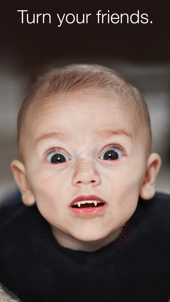 A baby face transformed into a realistic vampire with fangs and wide eyes