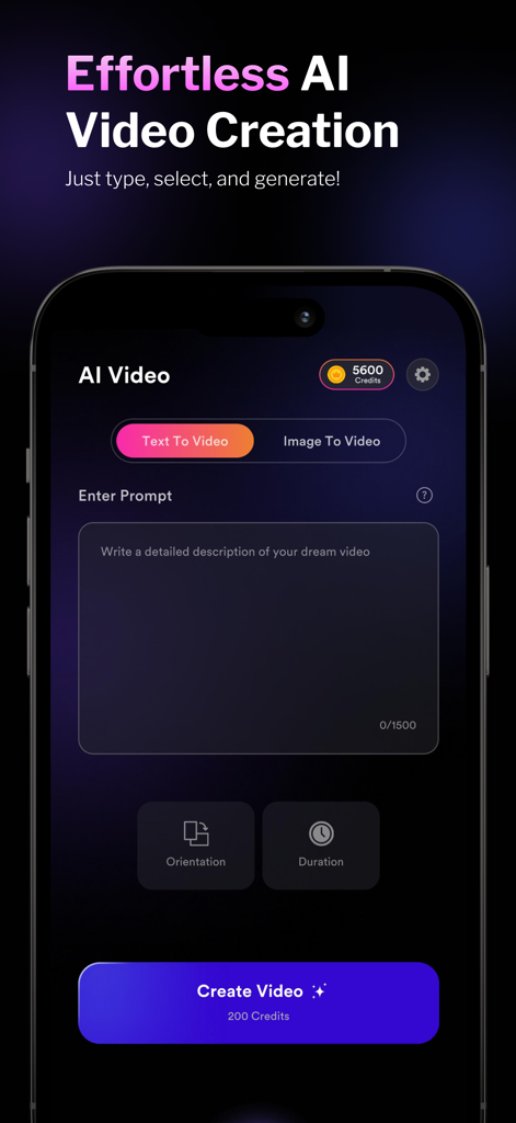 Oberfläche des Pixel Loom KI-Video-Generators, die den Text-zu-Video-Generierungsbildschirm mit Prompt-Eingabe und Schaltfläche zum Erstellen von Videos zeigt.