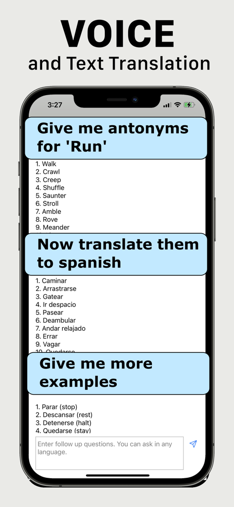 Translator: AI Translate - iPhone display of the AI translator app showing a conversation for word antonyms and Spanish translations