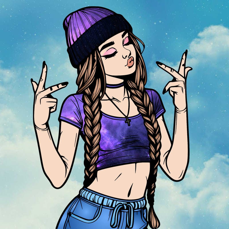 realistic teenage girl with braids and a beanie and crop top doing 🫶🏼
