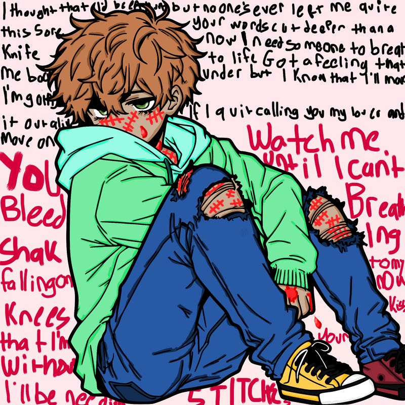 a male hoddie ripped jeans messy hair anime