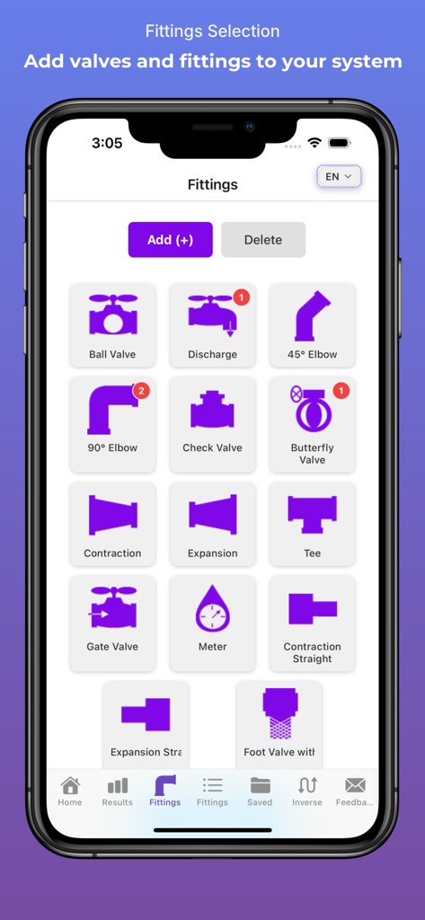 HydroCalc Plus - HydroCalc Plus app interface showing a selection of hydraulic valves and fittings for pressure loss calculations.