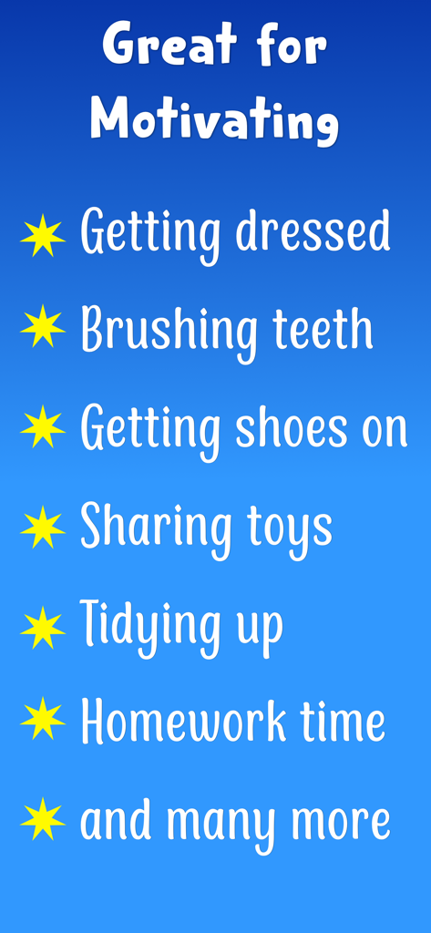 A list of daily childhood routines the app motivates, including getting dressed, brushing teeth, and tidying up.