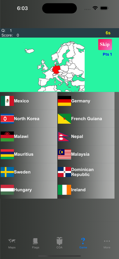 Country Flags, Maps, Capitals - Geography quiz game screen showing a map of Europe with Germany highlighted in red and multiple choice options with flags.