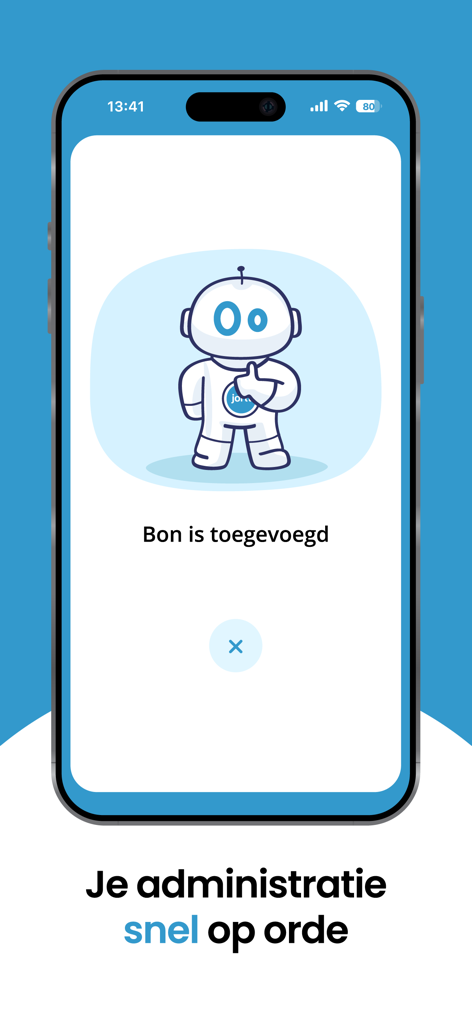 Jortt - Jortt会計アプリの画面。友好的なロボットキャラクターとともにレシートのアップロードが成功したことを示しています。