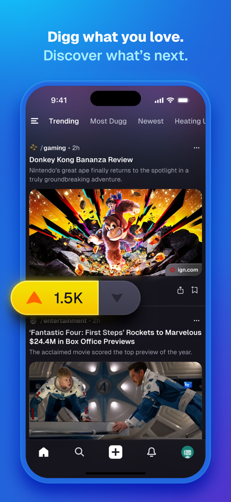 Digg - Interfaccia dell'app Digg che mostra un feed di notizie di tendenza con articoli di gaming e intrattenimento.