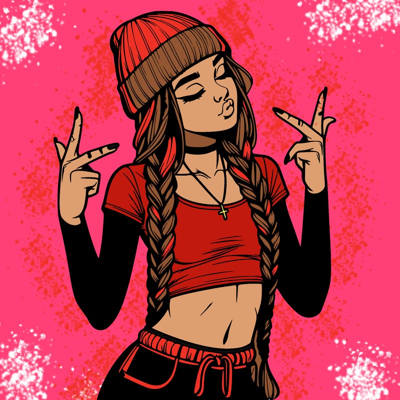 realistic teenage girl with braids and a beanie and crop top doing 🫶🏼