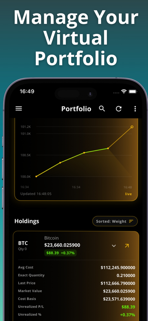 Crypto Trading AI : CPreds - Mobile app interface showing a virtual cryptocurrency portfolio with a performance graph and Bitcoin holdings