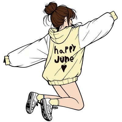 realistic girl jumping with a bun and oversized sweatshirt