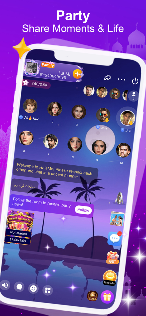 HalaMe- Chat& Make Real Friend - Interfaz de la aplicación móvil HalaMe que muestra una sala de fiesta con chat de voz grupal con múltiples avatares de usuario y una ventana de chat