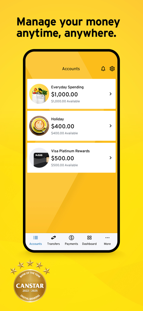 ASB Mobile Banking - ASB Mobile Banking app account summary screen showing various bank account balances