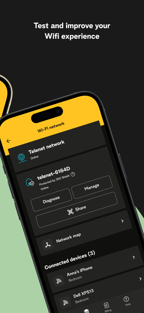 MyTelenet app Wi-Fi network management screen with connected devices list