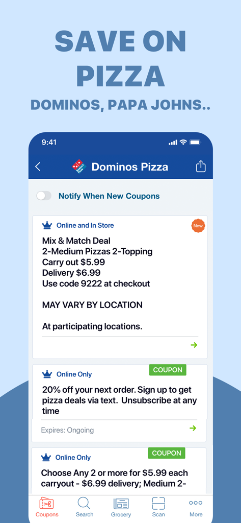 COUPON – Promo Codes, Deals - Una pantalla de la aplicación móvil mostrando códigos promocionales y ofertas locales de pizza para Dominos y Papa Johns.