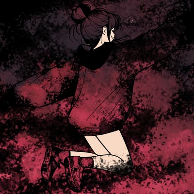 realistic girl jumping with a bun and oversized sweatshirt