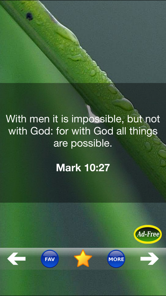 Inspirational Bible Verse of the Day app displaying Mark 10 27 verse on a nature background