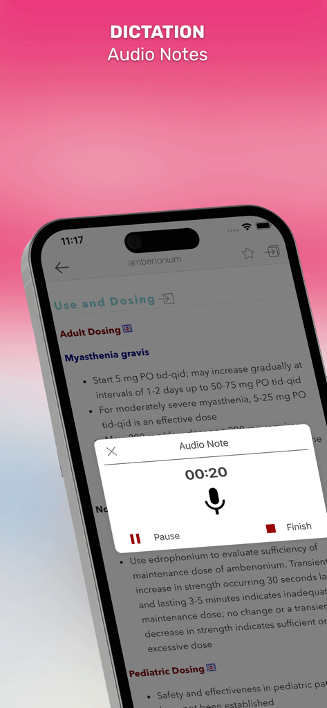 Skyscape Rx app interface showing the dictation audio notes feature on a drug guide page