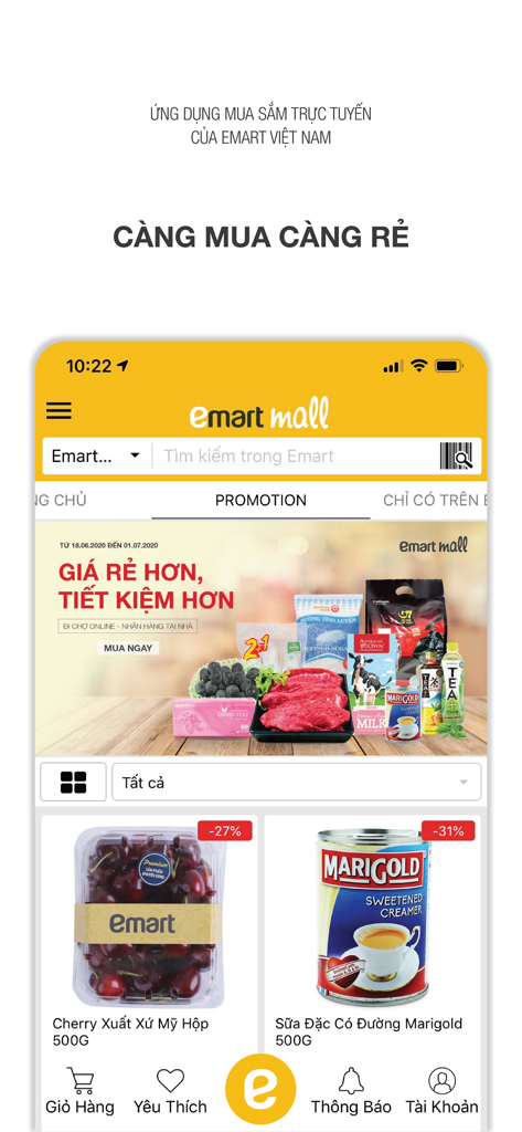 Emartmall VNモバイルアプリのホームページで、プロモーション中の食料品とショッピングカテゴリーを表示